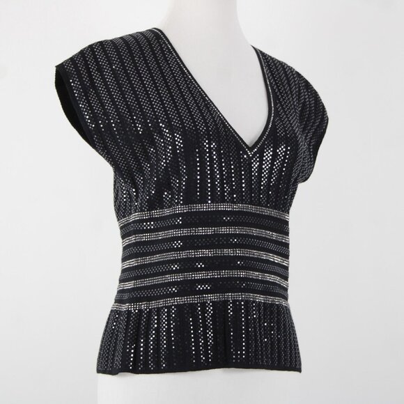 St John Evening Sz 8 Black Silver Stud Paillettes V Neck Santana Knit Top - Picture 5 of 10